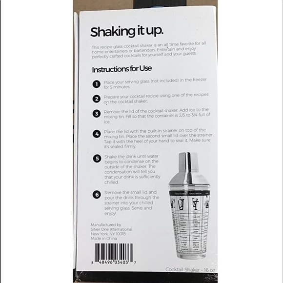 Recipe Cocktail Shaker Stainless Steel Glass Recipes on Shaker 16 OZ New NWT NIB - Picture 6 of 15
